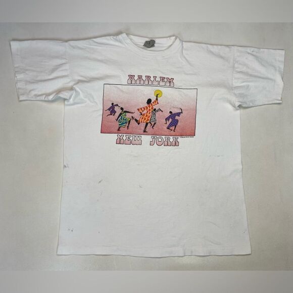 VINTAGE Harlem New York NYC Graphic T-shirt Men XL White 90s Single Stitch - Picture 1 of 11